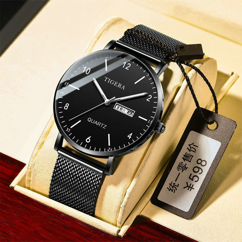 A new fashion classic watch men's trend ultra-thin business black technology semi-digital calendar quartz watch - Mixbatch