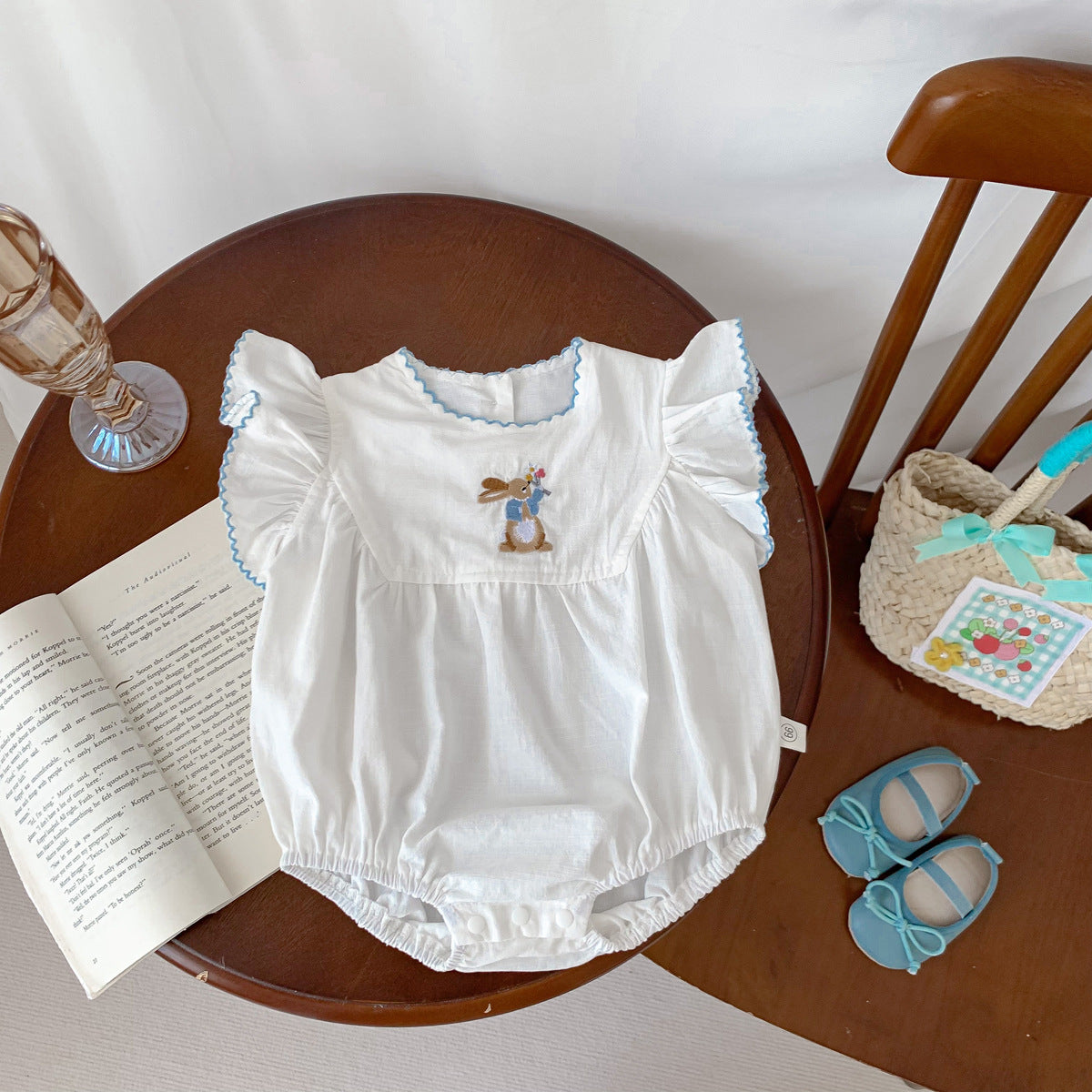 A baby summer new female treasure rabbit embroidery bag fart Ha clothes full moon 100 days clothes flying sleeves princess crawling clothes thin - Mixbatch