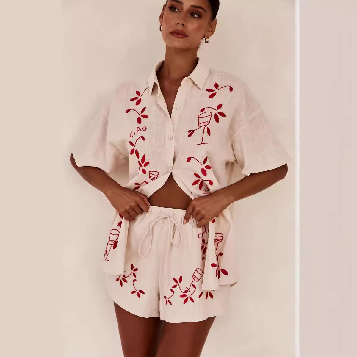 A spring and summer new 3d three-dimensional embroidered comfortable casual shirt short set-88189