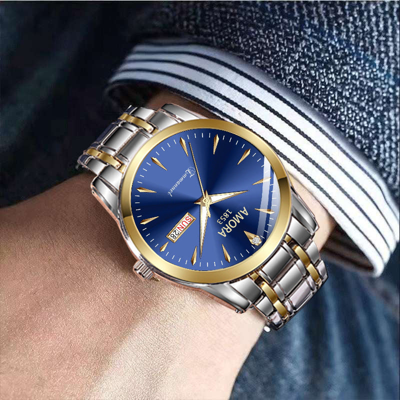 A new quartz watch men's double calendar automatic waterproof luminous business steel belt watch