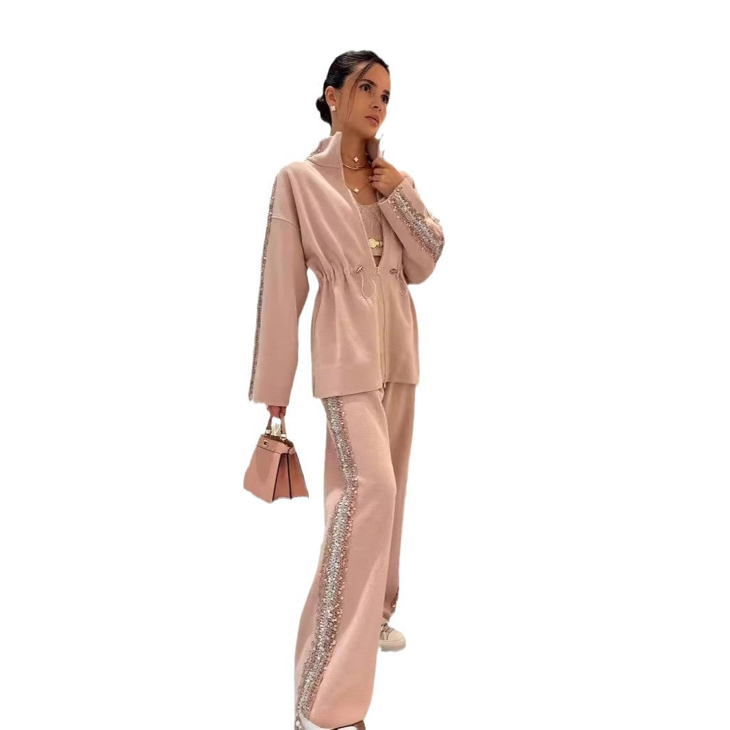 A Fashion Drawstring Waist Top Wide Leg Pants Two-piece Set