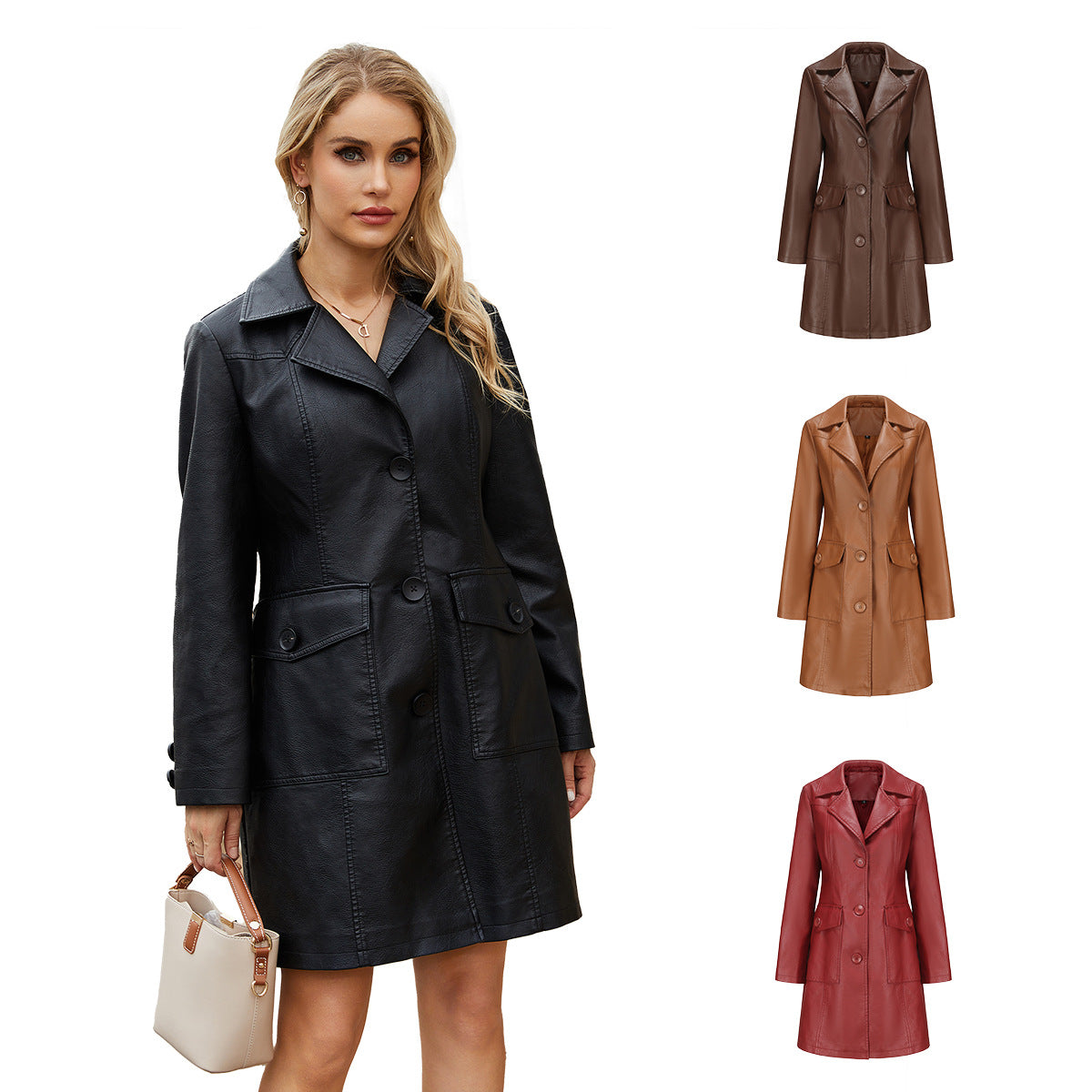 A women's long leather jacket