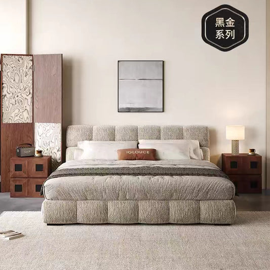 A puff bed cream retro style master bedroom light luxury high-grade chenille cloth bed Italian minimalist soft bag storage bed