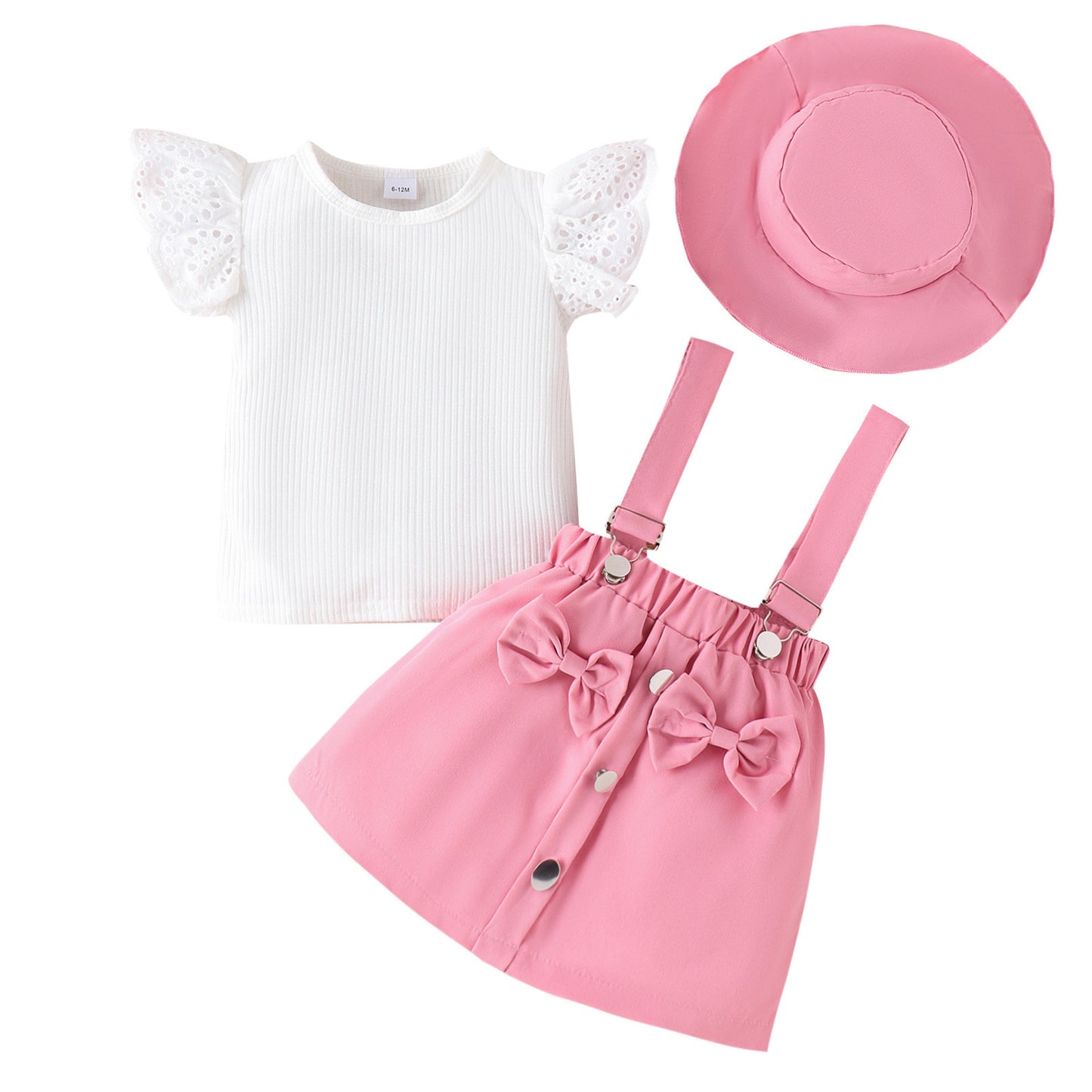 Amazon Spring/Summer New Children's Lace Flying Sleeves Top+Solid Color Strap Short Skirt+Hat Girls' Set - Mixbatch