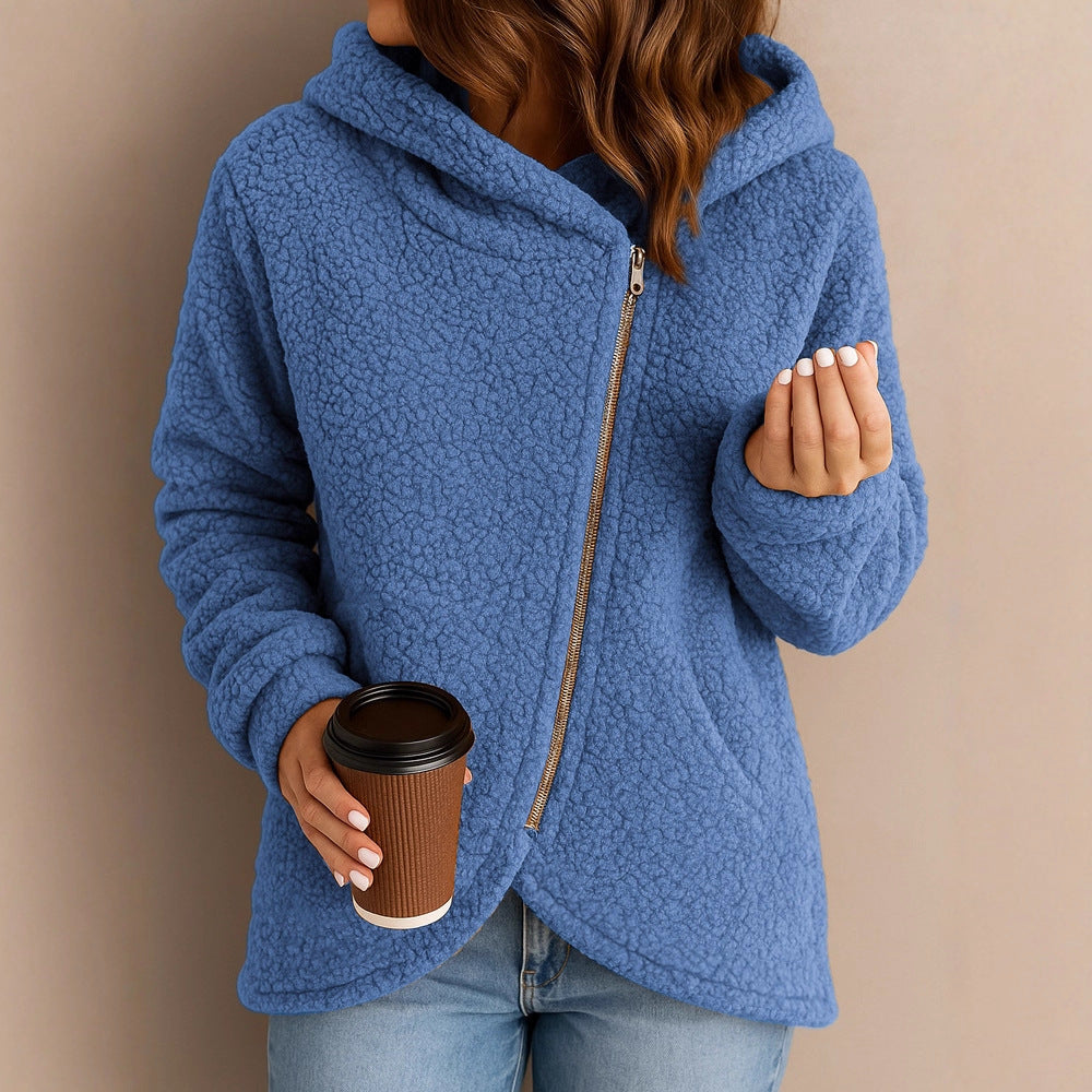 A long-sleeved zip-up hooded jacket