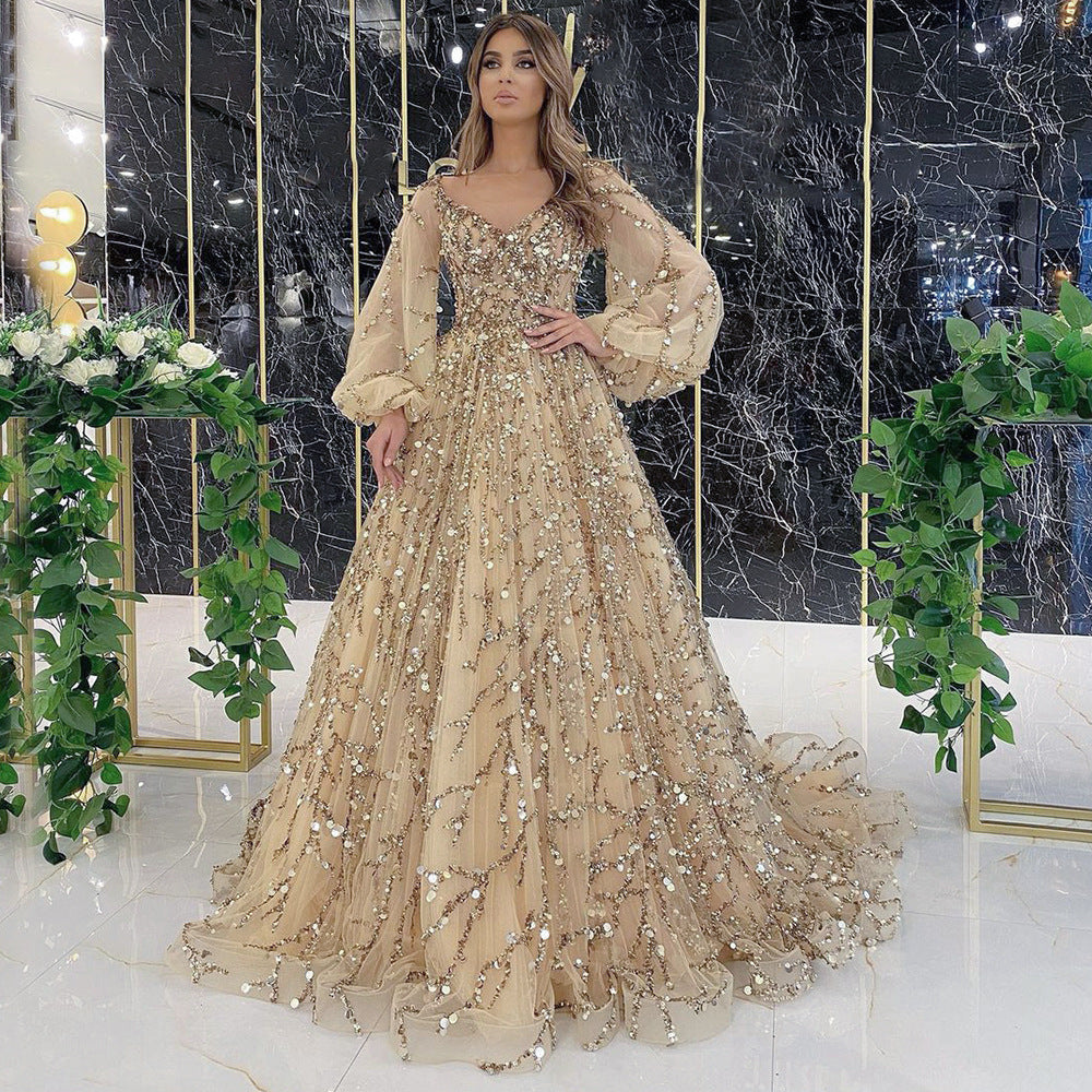 A multi-color heavy industry beaded luxury evening dress sexy lady aura queen dress