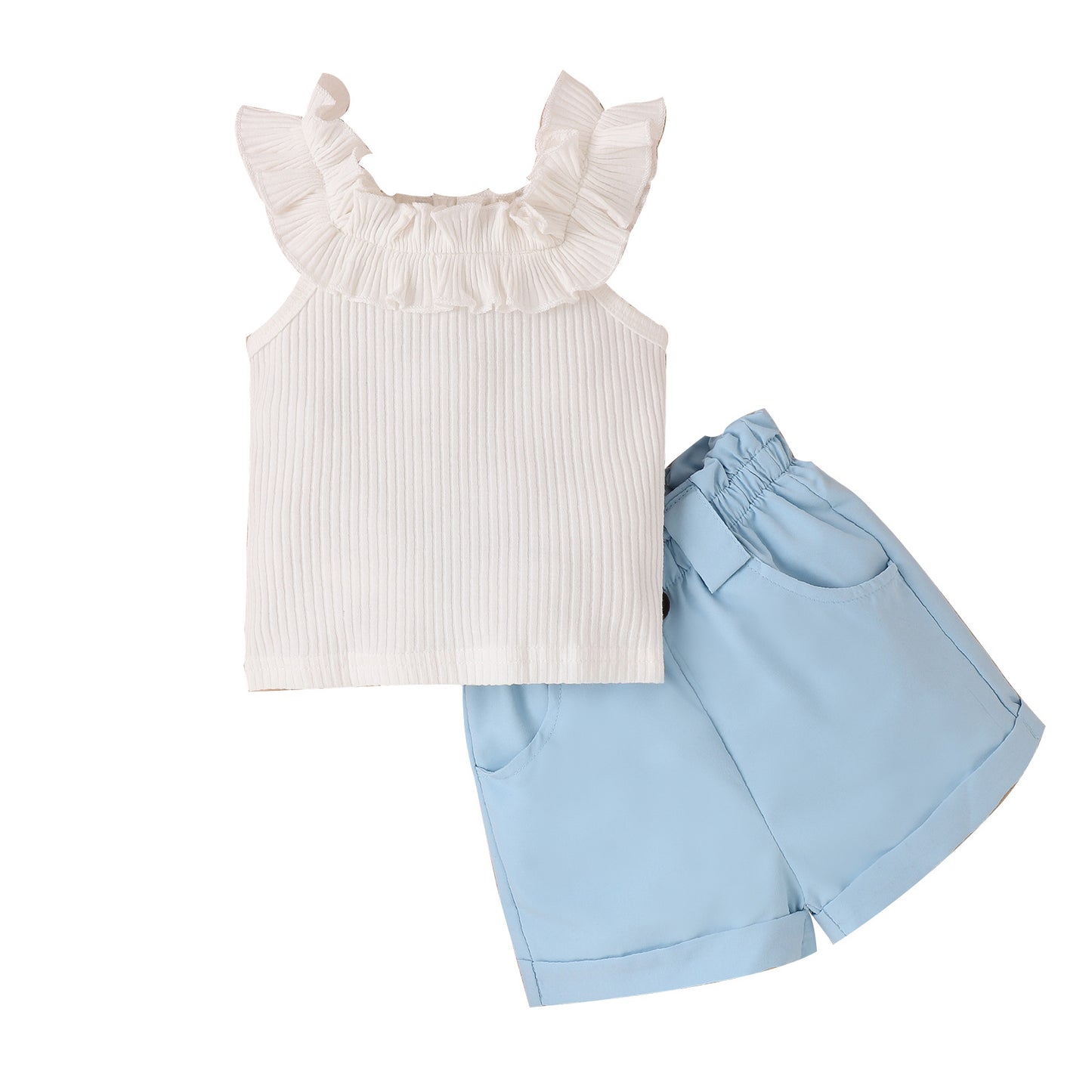 A Tengxin Children's Clothing Amazon Spring/Summer Small and Medium Children's Wooden Ear Tank Top Sleeveless Top Solid Color Shorts Girls' Set - Mixbatch