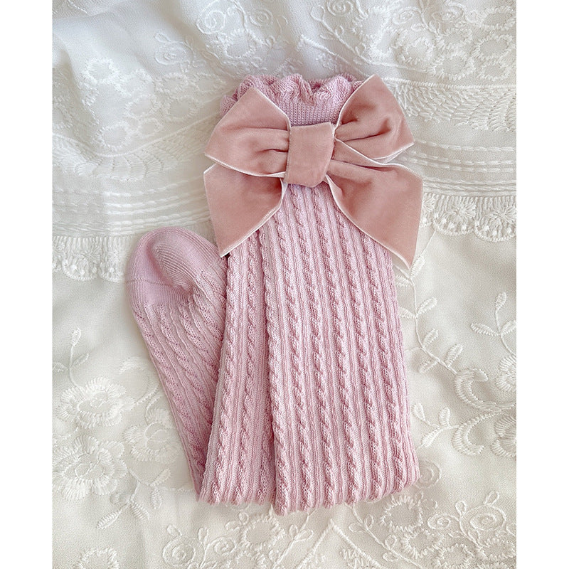 A flannel bow children's socks heel-less lace knee stockings baby medium stockings baby socks - Mixbatch