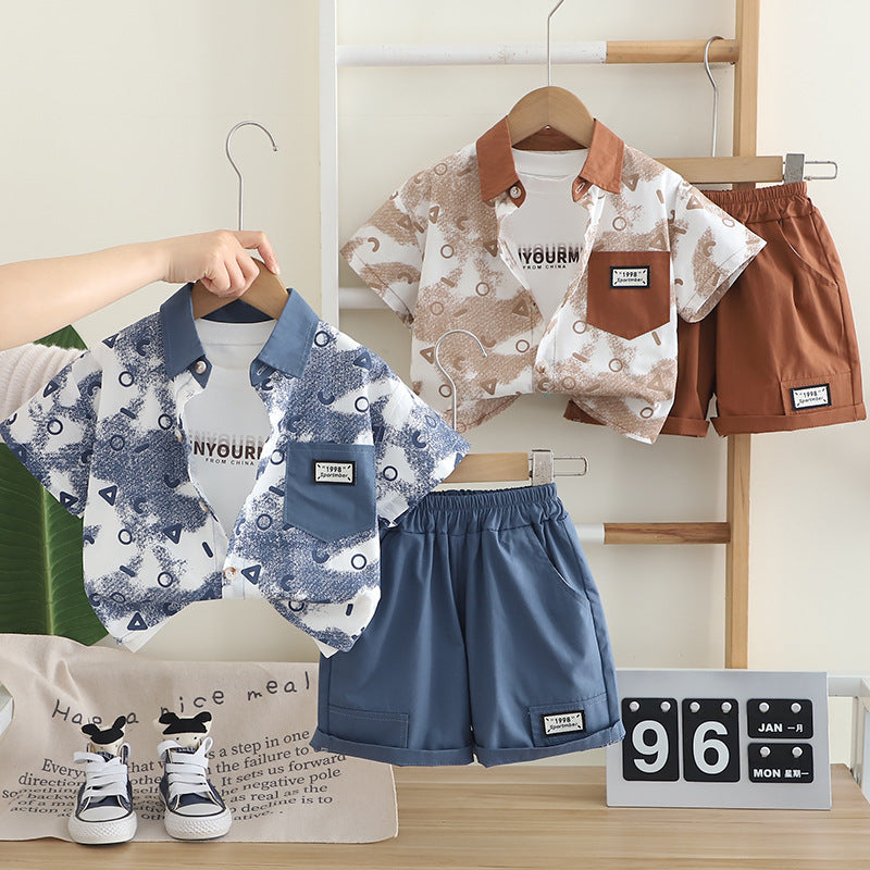 A Boys Summer Shirt Set New Children's Summer Boys Tie-dye Letter Short Sleeve Shirt Three-piece Set