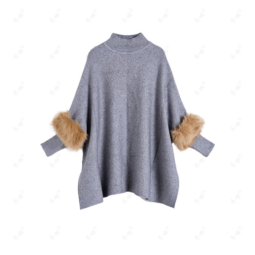 A turtleneck pullover cape knitted sweater simulation fur fur sleeve sweater large size bottoming shirt jacket women