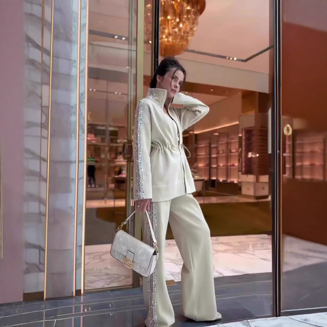 A Fashion Drawstring Waist Top Wide Leg Pants Two-piece Set