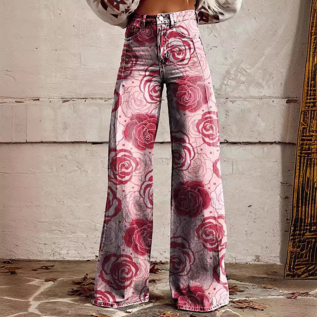 A European and American foreign trade large size women's casual pants, thin imitation jeans, wide legs