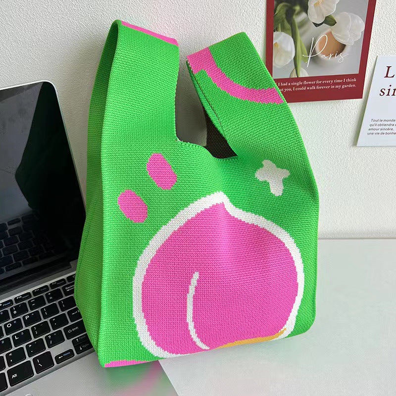 A Internet celebrity handbag women's knitted wool bucket bag Japanese and Korean version versatile hand carry casual tote bag box lunch bag y