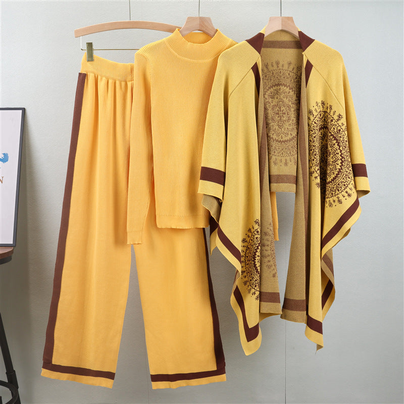 A long-sleeved knitted sweater + shawl + pants three-piece set