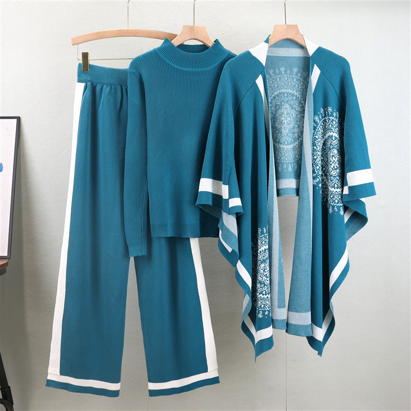 A long-sleeved knitted sweater + shawl + pants three-piece set