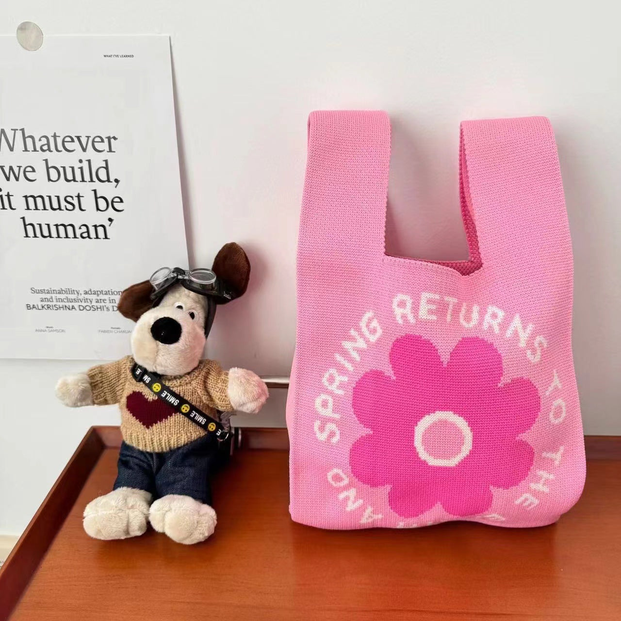 A Internet celebrity handbag women's knitted wool bucket bag Japanese and Korean version versatile hand carry casual tote bag box lunch bag y
