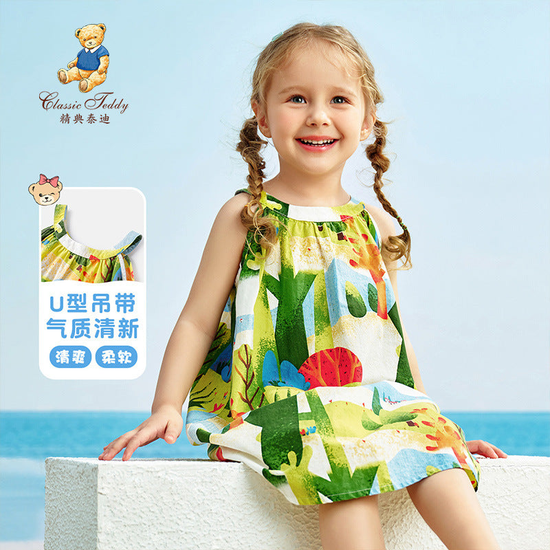 A classic teddy girls princess dress children's summer new floral dress medium children's foreign style small flying sleeve skirt