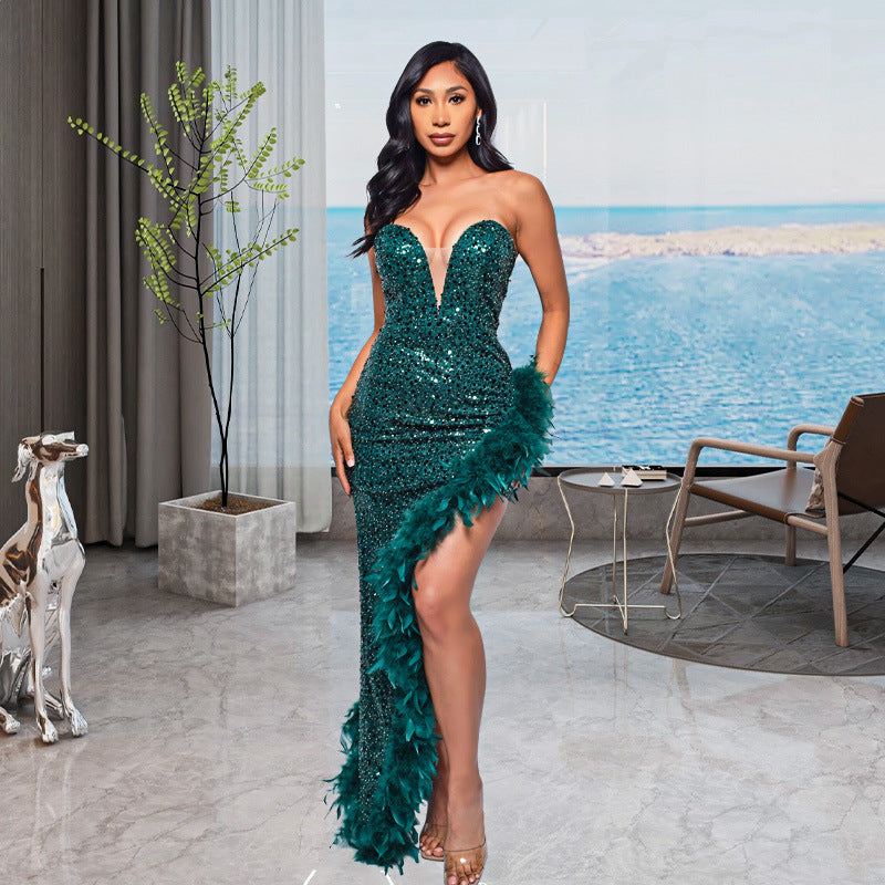 A ins European and American cross-border women's clothing wish Amazon ebay independent station tube top backless sequined feather dress women