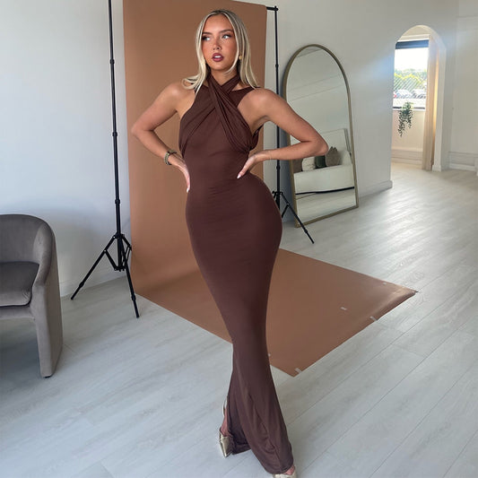 A701DS European and American cross-border 2025 spring new dress solid color neck hollow slim hip high waist sexy - Mixbatch