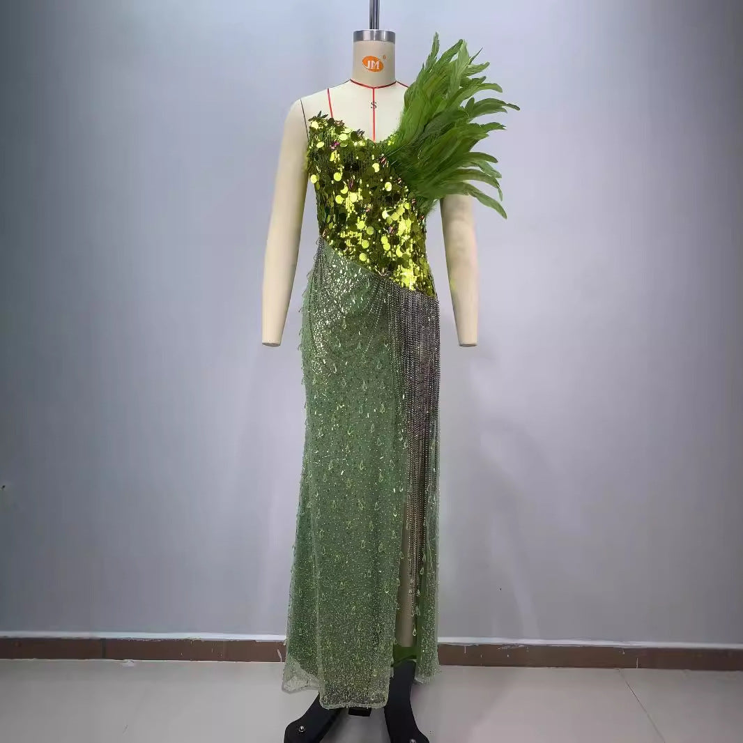 A green sequined luxury feathers sexy high split tube top dress haute couture dinner red carpet performance dress