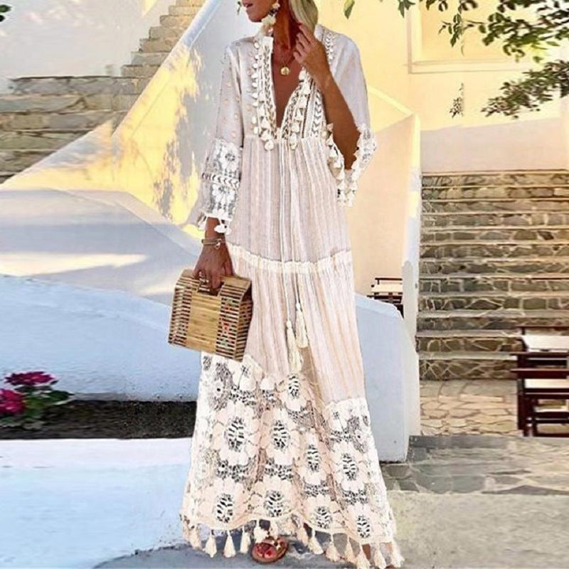 A European and American autumn and winter women's clothing lace splicing fringed bamboo cotton long-sleeved dress
