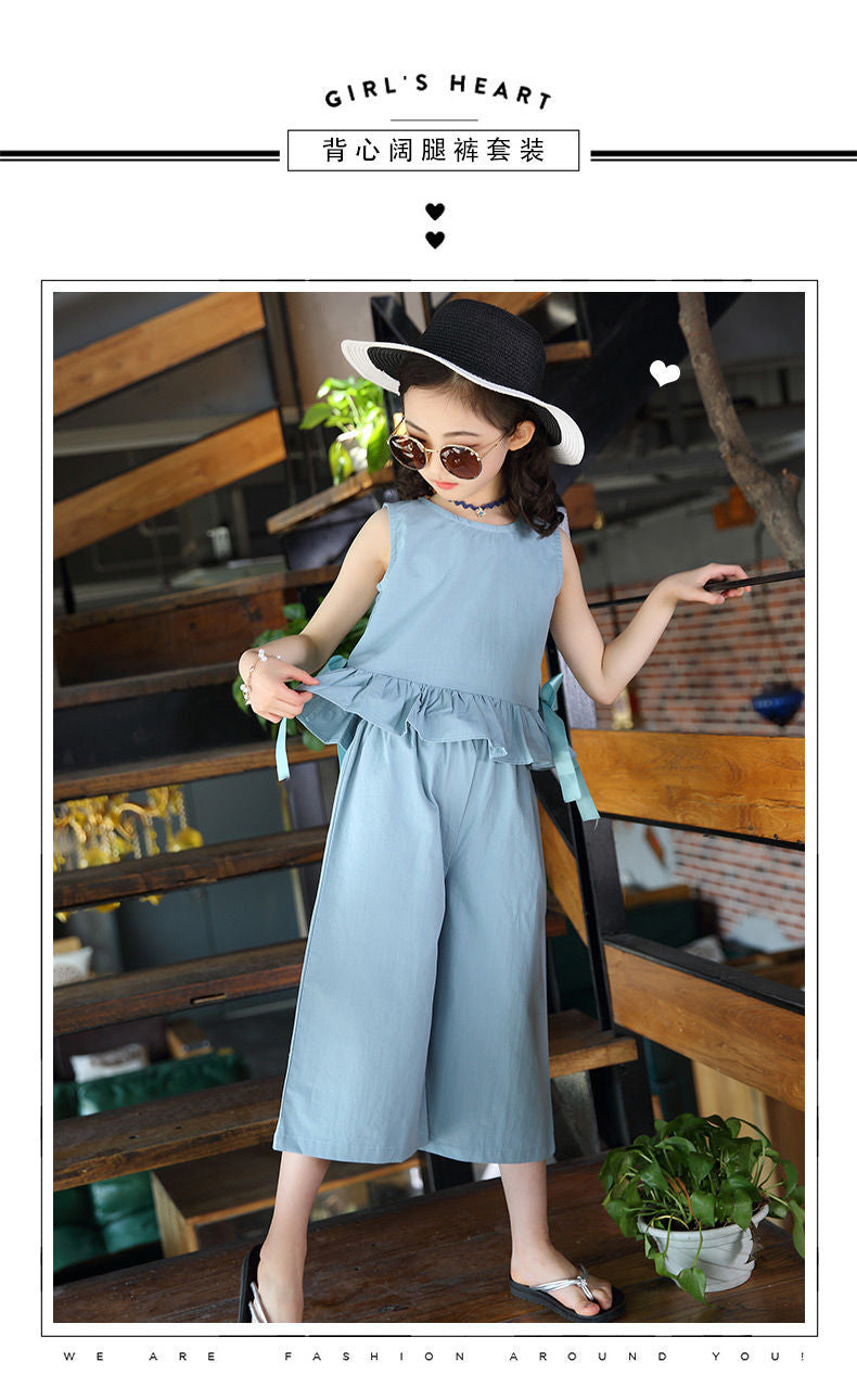 A {cotton%} girls summer cotton and linen set, new children's wide-leg pants two-piece set