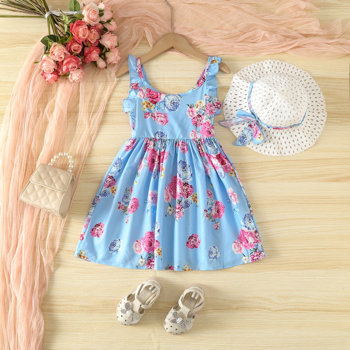 A Kids dress Girls fashion summer dress Korean version sleeveless simple flower print princess dress - Mixbatch