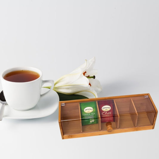 A Bamboo separated flip tea box Wooden packaging box 5 compartments storage with transparent acrylic board tea bag storage