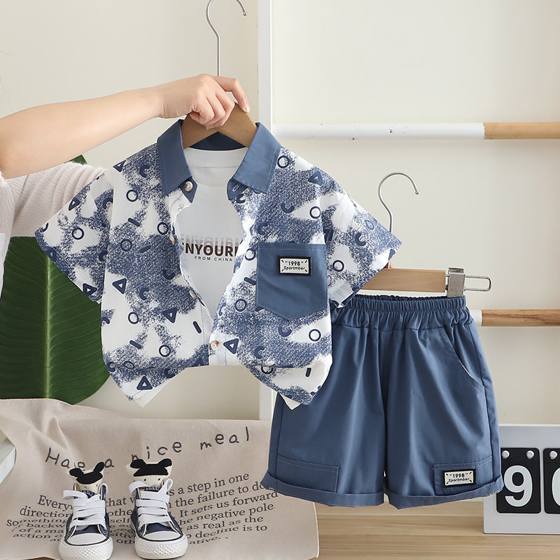 A Boys Summer Shirt Set New Children's Summer Boys Tie-dye Letter Short Sleeve Shirt Three-piece Set