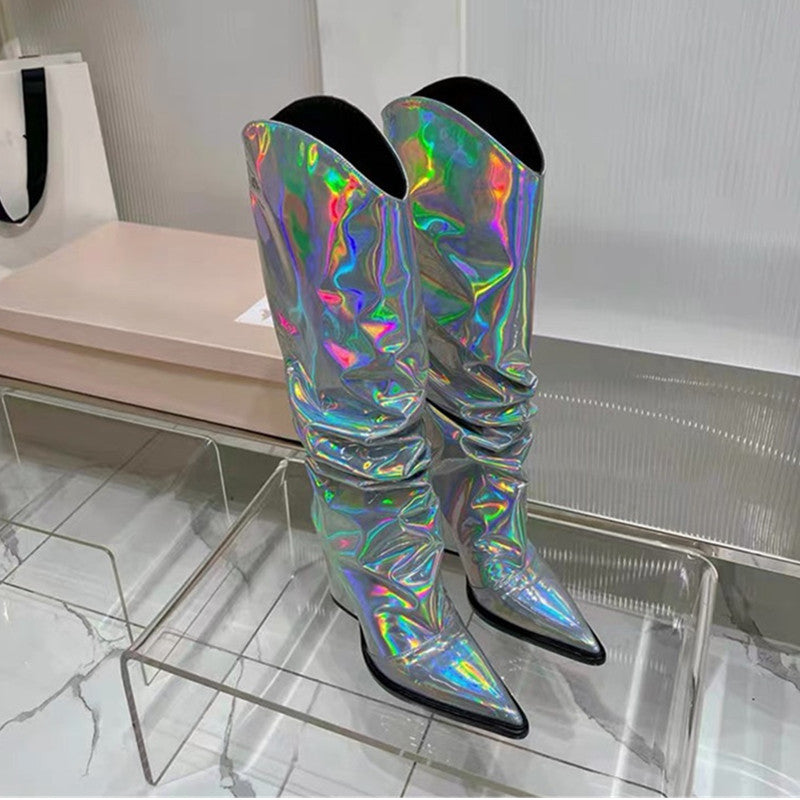 A European and American new thick heel pointed gold silver magic laser glossy pleated foreign trade cross-border large size long women's boots
