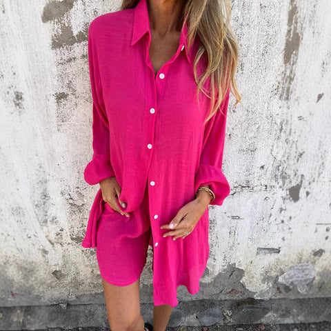 A Cross-border Europe, America, Amazon's new women's clothing casual solid color cotton and linen shorts long-sleeved wrinkled cloth shirt two-piece set