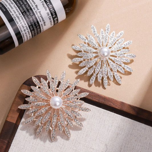 A hot-selling gold sunflower brooch creative diamond-encrusted pearl versatile temperament brooch blazer collar pin with accessories - Mixbatch