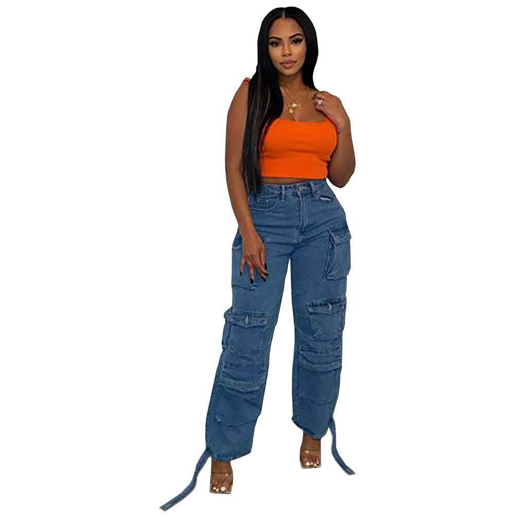 A European and American cross-border jeans, Amazon fashion viral trends multi-pocket large size African jeans overalls