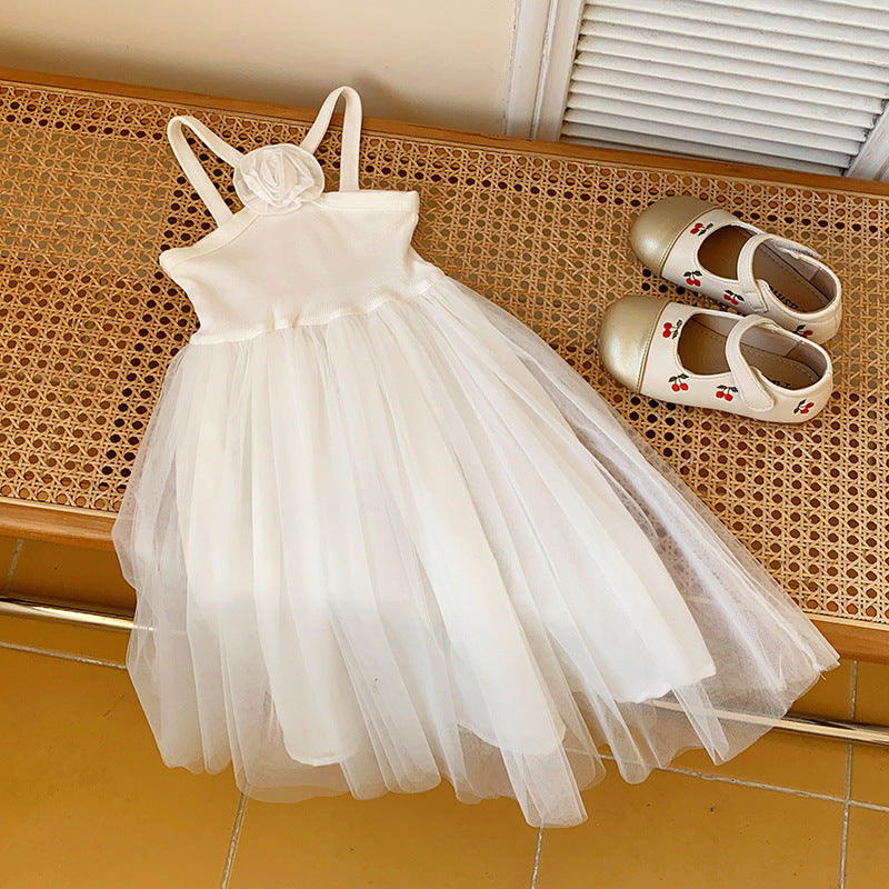 A summer new French rose suspender girls dress sweet foreign mesh princess dress beach dress