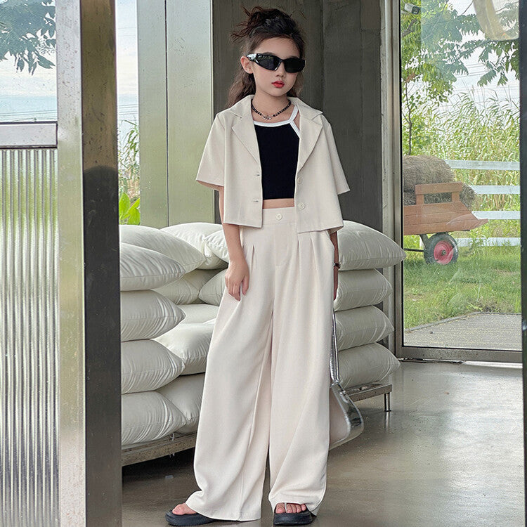 A summer new Korean version of medium and older children's thin cardigan short-sleeved suit high-waisted wide-leg pants