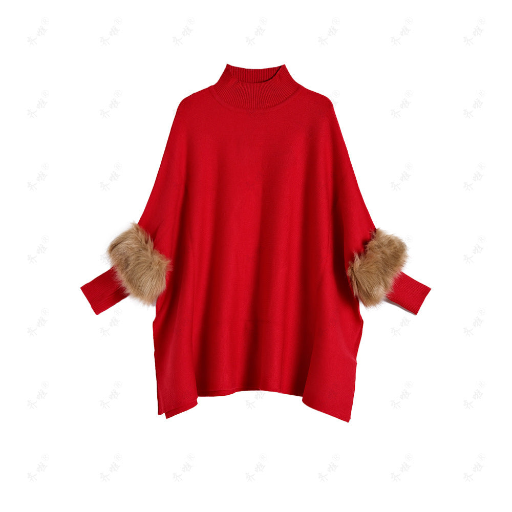 A turtleneck pullover cape knitted sweater simulation fur fur sleeve sweater large size bottoming shirt jacket women