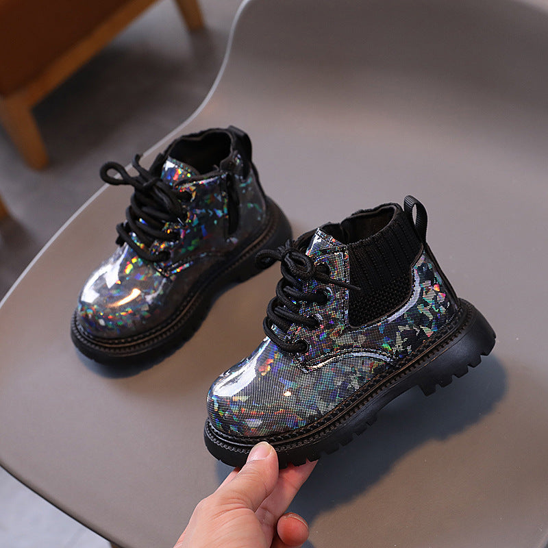 A Children's Martin Boots Black Shiny Boots for Boys and Girls