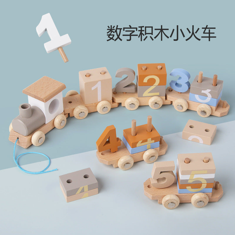 A young children wooden early education enlightenment digital color cognition collage building block drag small train educational toy