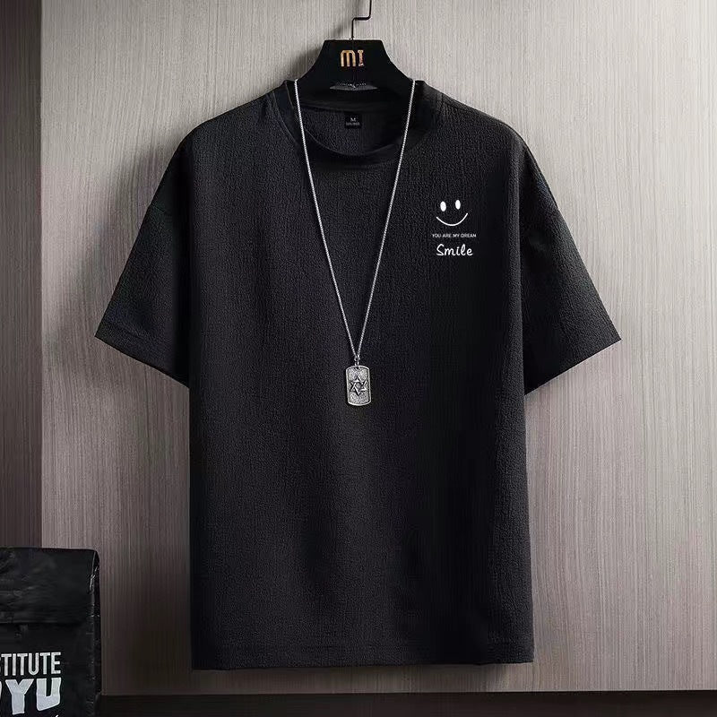 A Summer solid color ice silk short-sleeved t-shirt loose casual versatile t-shirt trendy clothes men's solid color printing - Mixbatch