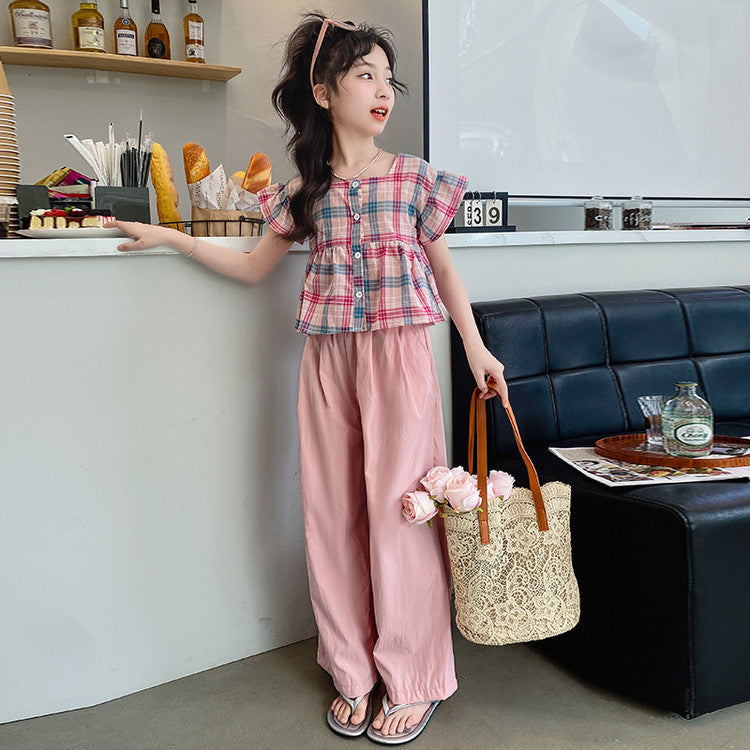 A girls plaid texture solid color set is on the shelves in stock, pink Korean pants set, foreign gas cotton women