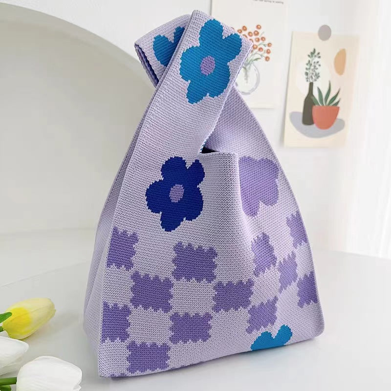 A Internet celebrity handbag women's knitted wool bucket bag Japanese and Korean version versatile hand carry casual tote bag box lunch bag y