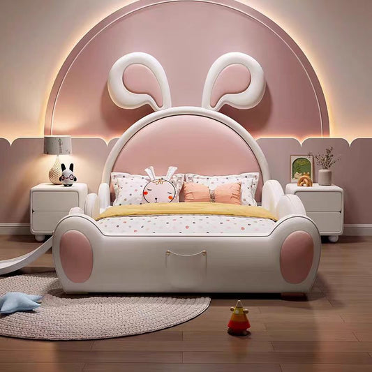 A children's bed girl castle princess bed children's bedroom creative pink cartoon rabbit bed with guardrail storage leather bed