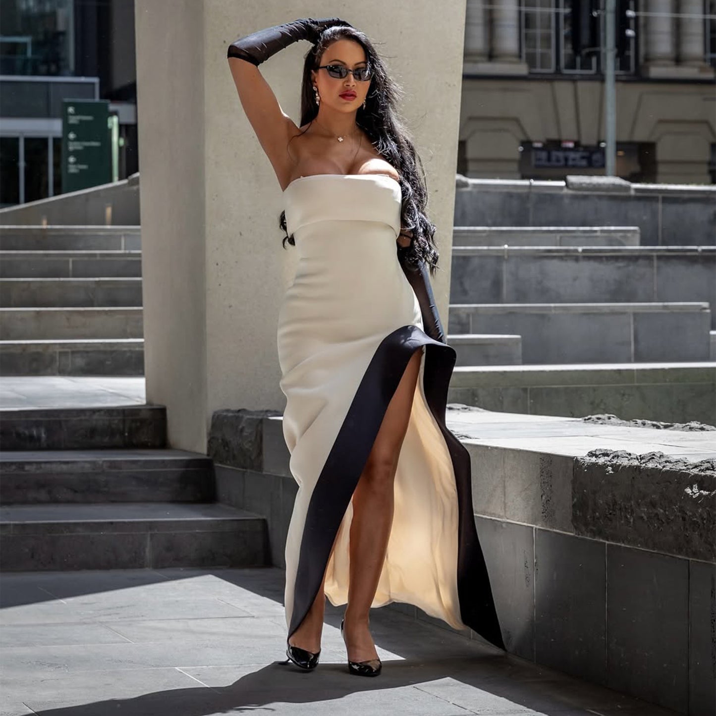 D109DS European and American cross-border 2025 spring tube top contrasting color splicing high split sexy backless evening dress long dress socialite - Mixbatch