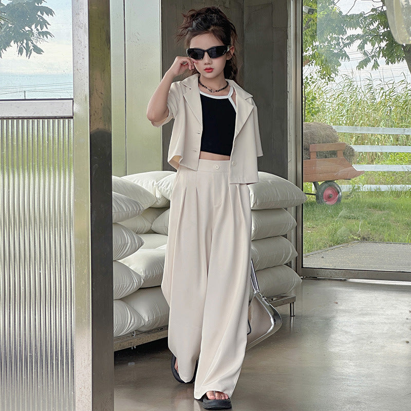 A summer new Korean version of medium and older children's thin cardigan short-sleeved suit high-waisted wide-leg pants