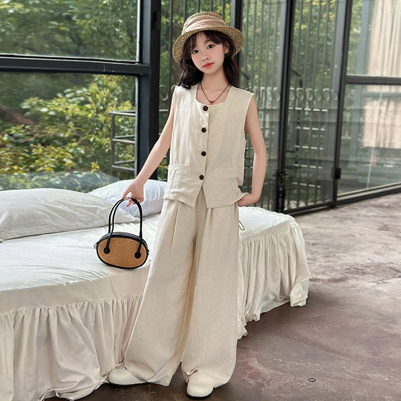 A summer new middle-aged and older children's suit vest wide-leg pants two-piece temperament casual and fashionable suit