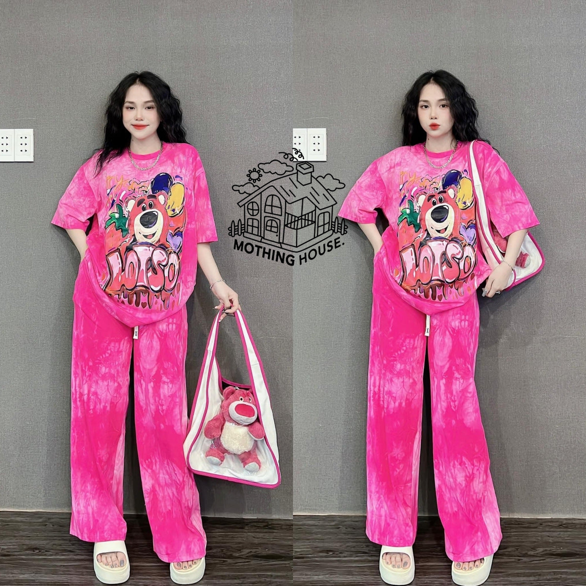 A tie-dye fashion suit women's summer loose cartoon print short-sleeved wide-leg pants casual two-piece set trendy