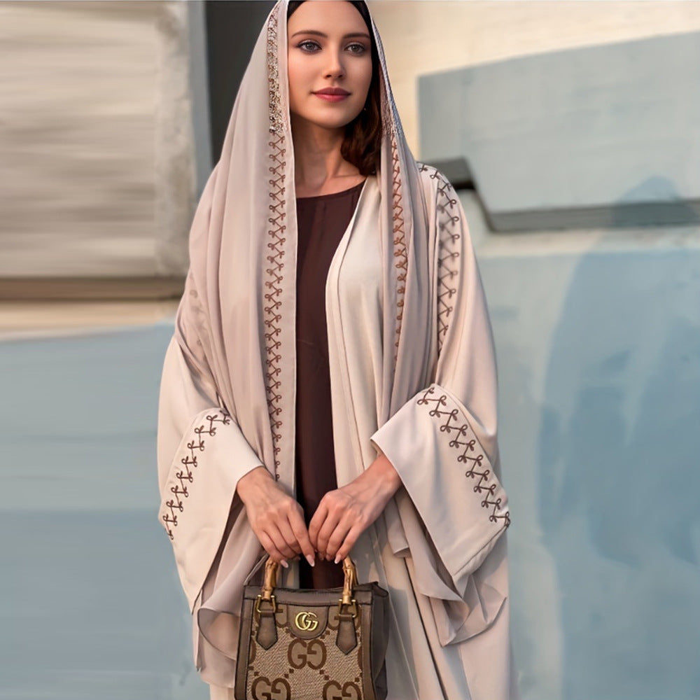 Women's Abaya Middle East Muslim Turban Cardigan Embroidered Dress Arabian Robe Bat Sleeve Overcoat Cross-Border - Mixbatch