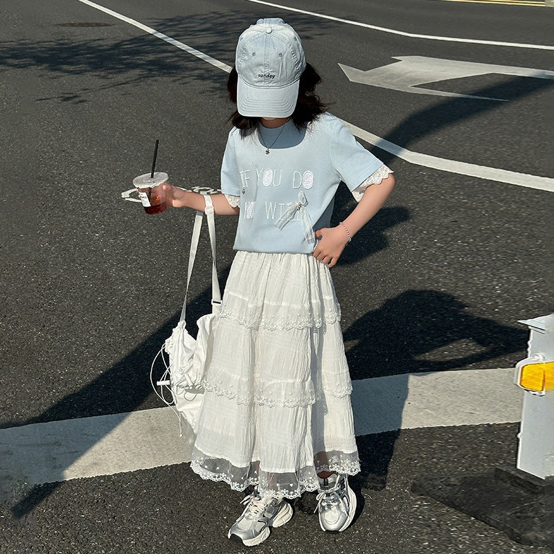 A girls summer suit new children's foreign style Korean version medium and older children's short-sleeved T-shirt half-body lace cake skirt t
