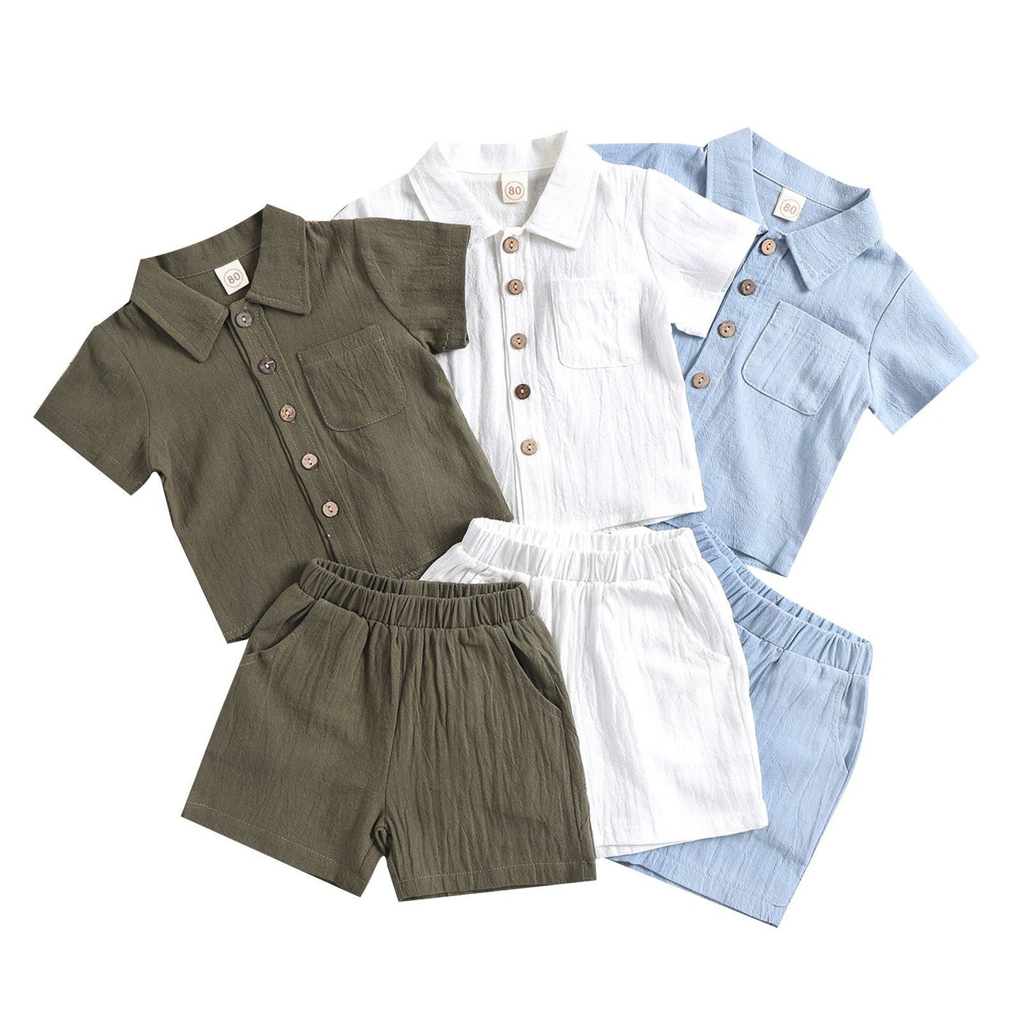 A Boys Cotton and Linen Polo Shirt Solid Color Two-piece Set - Mixbatch