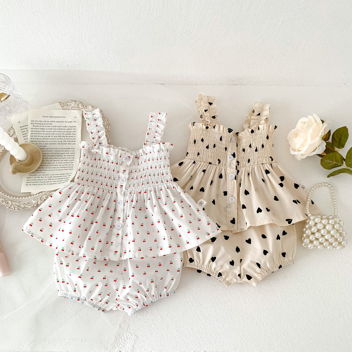 A girl's summer thin cherry heart printed suspender set baby girl doll shirt for outdoor wear - Mixbatch